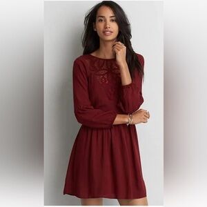 NWT American Eagle Women’s Dress Size M Lace Details Fit & Flare LS Merlot